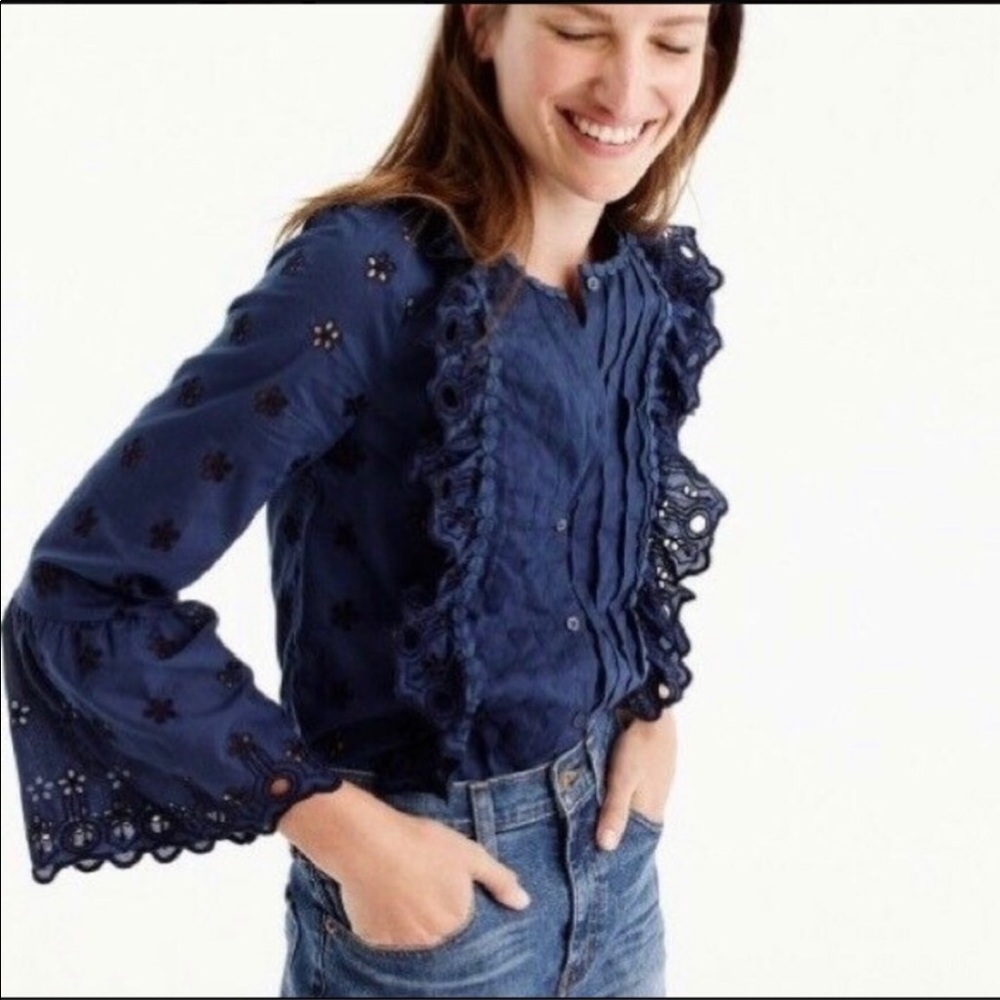 NWOT J Crew Navy Eyelet Long Sleeve Blouse